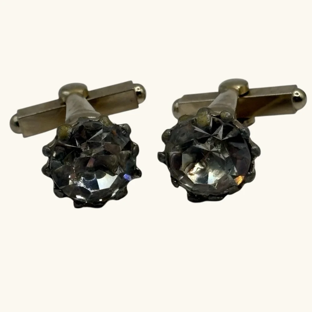 Vintage Cufflinks Large Faceted Crystal Prong Set Gold Tone Formal Suit READ‎
